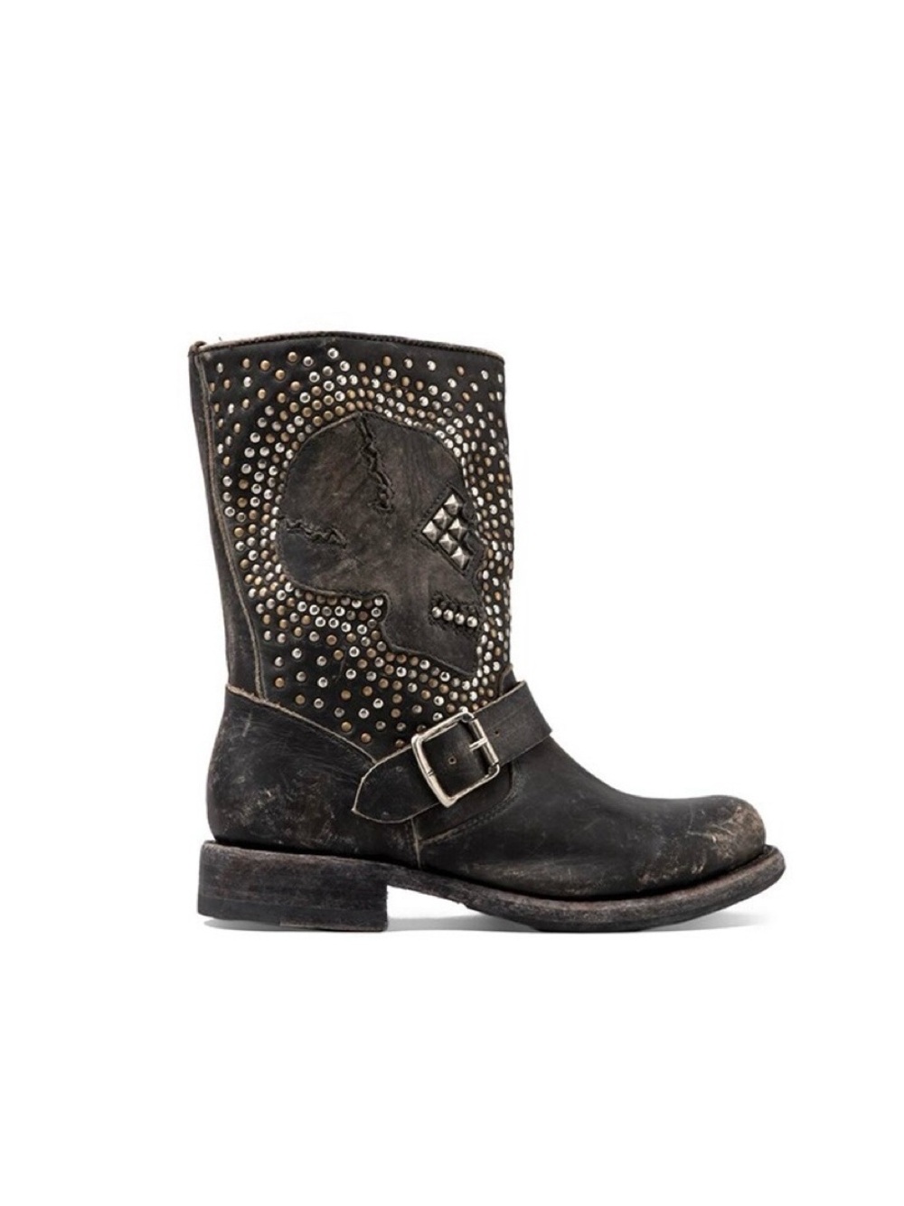 FRYE Jenna Distressed Skull Studded Leather Moto Boots with Buckle Size 6.5